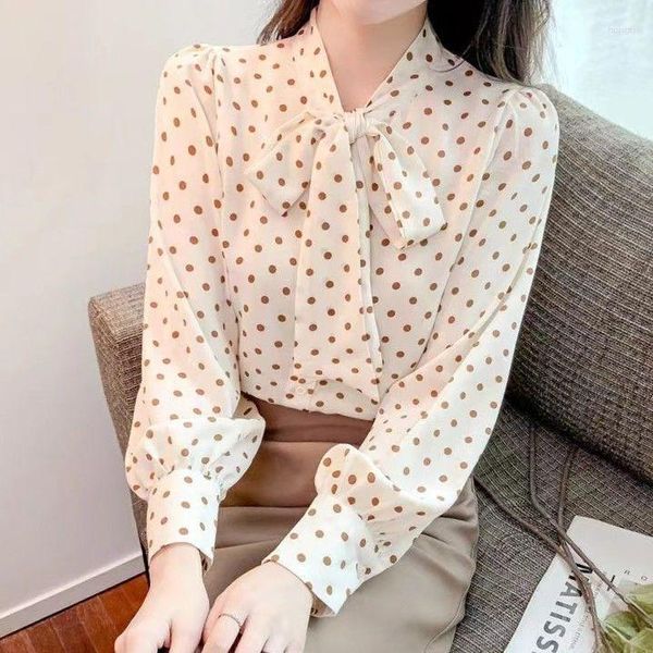 Frauen Blusen 2023 Frauen Frühling Herbst Mode Langarm Bogen Shirts Weibliche Polka-dot Chiffon Tops Damen V-ausschnitt Lose t166