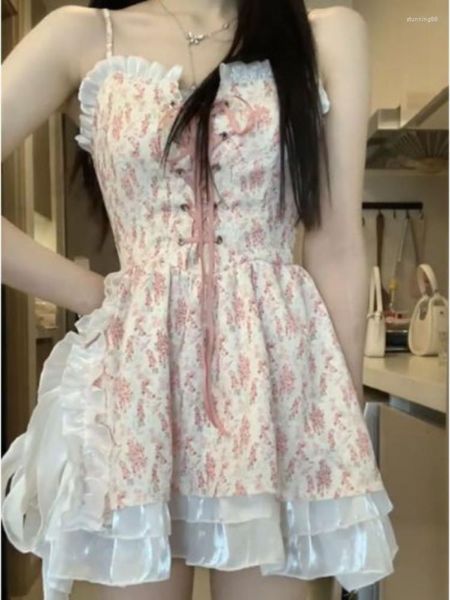 Vestidos casuais Bandagem Japonesa Laço Estampado de Flores Camisola Moda Doce Cintura Fina Vestido Túnica Verão Kawaii Linha A Y2k Estética