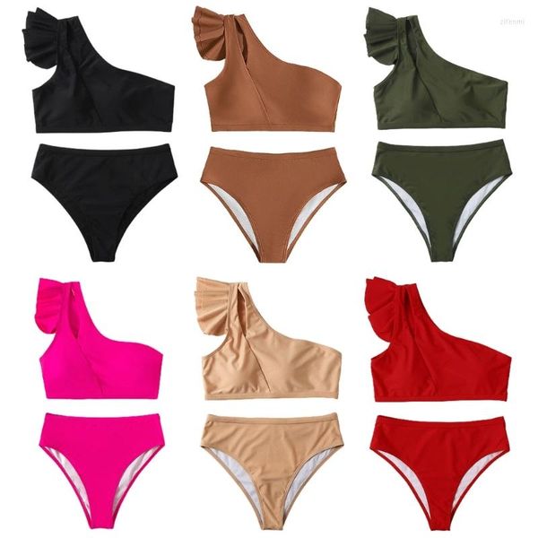 Costumi da bagno da donna Costumi da bagno sexy da donna Costume da bagno in due pezzi tinta unita con una spalla Borsa morbida con volant Costume da bagno bikini a vita alta femminile