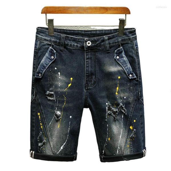 Jeans masculino moda verão pintado curto shorts jeans rasgados de rua com furos streetwear fundo desgastado