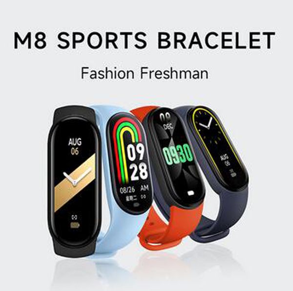 Pulseira inteligente esportiva M8 Relógios rastreadores de fitness Anel de exercício Monitoramento de oxigênio no sangue Frequência cardíaca Lembrete de chamada profissional Smartwatch Pulseira em caixa de varejo