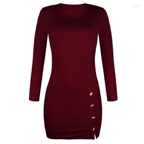 Lässige Kleider Damen Herbst Langarm O-Ausschnitt, figurbetontes Mini-Pullover-Kleid, einfarbig, sexy Split-Knöpfe, Saum, gerippt, gestrickt, Clubwear U4LF