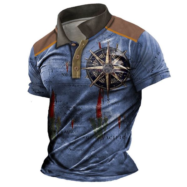 Camisetas Masculinas Vintage Polo Camisas 3D Print Compass Shirt Lapel Masculino Casual Golf Clothing Summer Man Short Sleeve TShirt Holiday Tee Top 230711