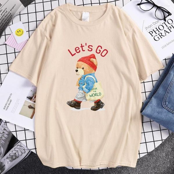 Camisetas Masculinas Teddy Bear Let'S Go Travel The World Prints Tee Clothes Solto Summer Short Sleeve Multicolor Casual Shirt Man Cotton T-shirts