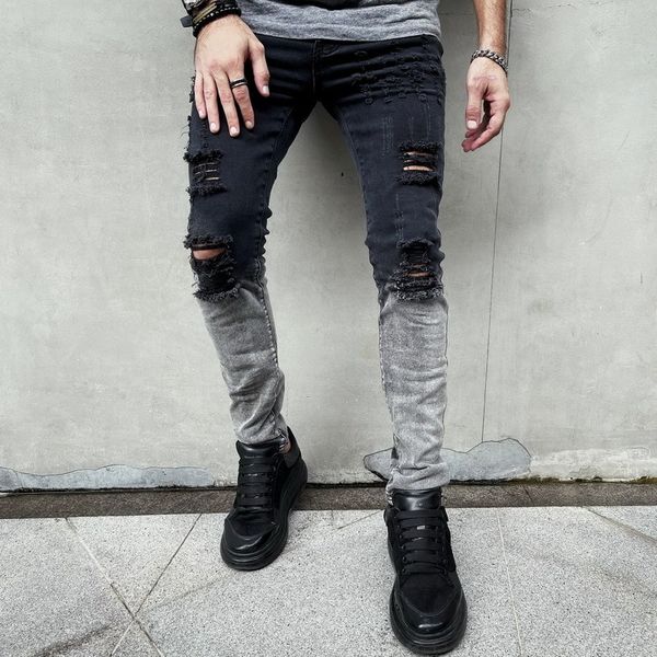 Jeans Masculino Casual Denim Masculino Slim Zíper Buraco Preto Pintado de Branco Calça Lápis Elástico Rasgado Para Reta Comprimento Total 230711