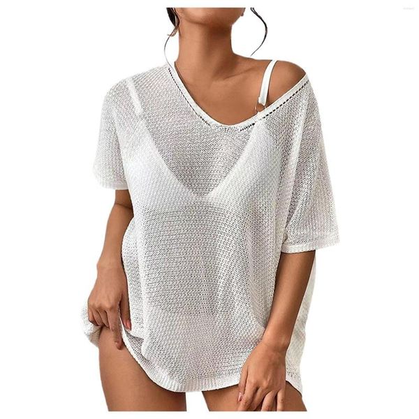 Roupa de banho feminina sexy cintura alta chiffon transparente vestido de praia biquíni cobertura verão decote em V branco manga curta maiô