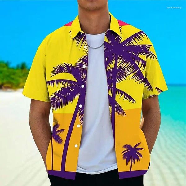 Herren-Freizeithemden, Street Beach, Hawaii-Hemd, Mann, Button-Down, 3D-Kubanerkragen, Kokosnussbaum-Grafik, kurze Ärmel, Oberteile