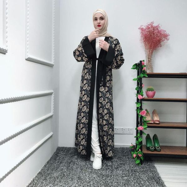 Abbigliamento etnico Moda musulmana Abiti stampati semplici ed eleganti Abito in pizzo Abaya Dubai Hijab Cardigan islamico Abito a maniche lunghe