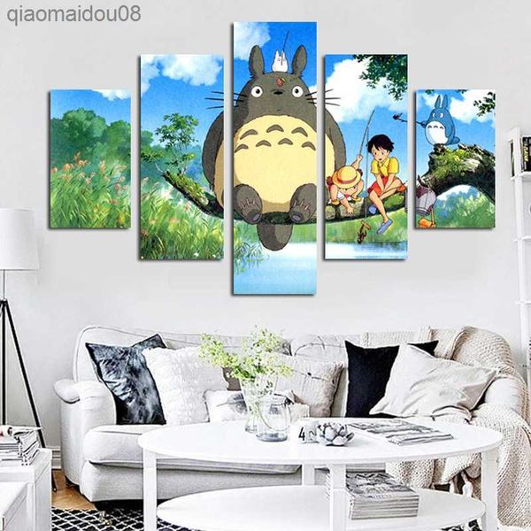 5 Panel Modern Miyazaki Hayao Totoro Art HD Stampa Modulare Pittura murale Poster Picture For Kids Room Cartoon Wall Cuadros Decor L230704