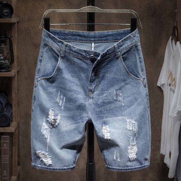 Jeans masculino verão azul claro rasgado de gato bigoder letra impressão de shorts slim shorts adolescentes meninos e meninas cowboy calças curtas 23 716