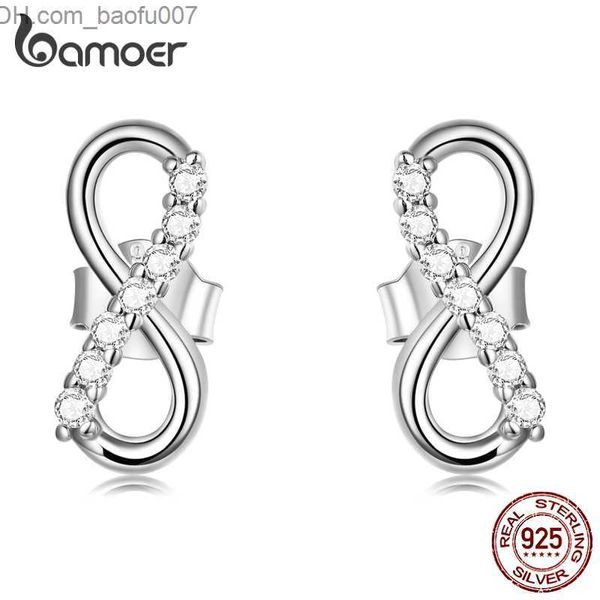 Charm Bamoer Orijinal 925 STERLING Gümüş Parlayan Sonsuz Sembol Saplama Küpeleri Kadınlar için uygun Basit Geometrik Küpeler Zarif Takı Hediyeleri Z230713