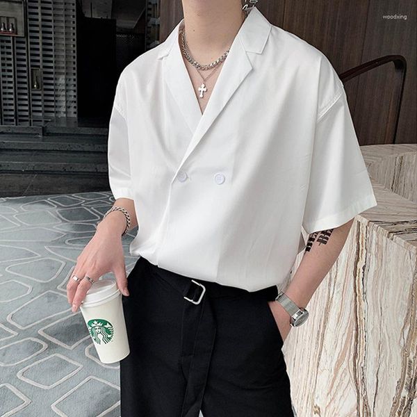 Männer Kleid Hemden Sommer Licht Reife Stil Lose Schultern Kubanischen Kragen Koreanische Ins Hemd Drapieren Eis Seide Kurzarm anzug
