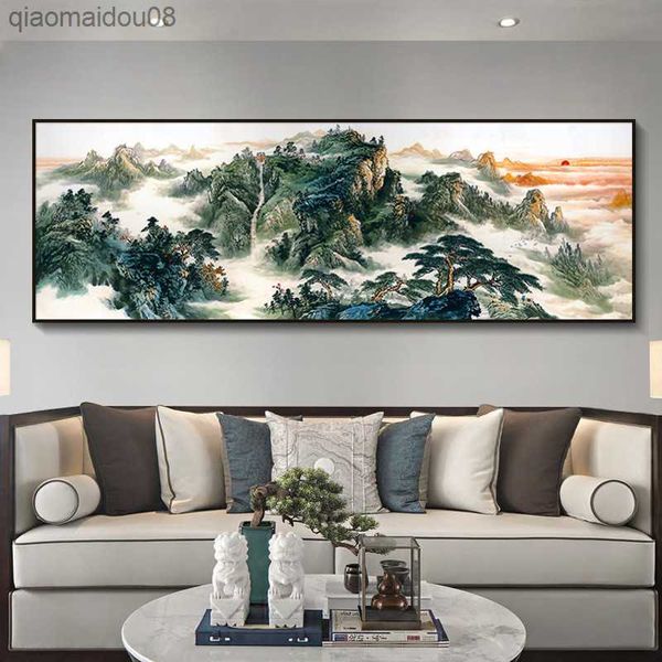 Stile cinese Paesaggio di montagna Tela Pittura a olio astratta Poster Stampa Wall Art Picture for Living Room Home Office Decor L230704