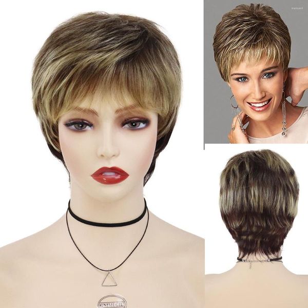 Parrucche sintetiche GNIMEGIL Per le donne Parrucca per capelli corta bionda mista marrone a strati Pixie Cut con frangia Mamma Halloween Quotidiano Donna