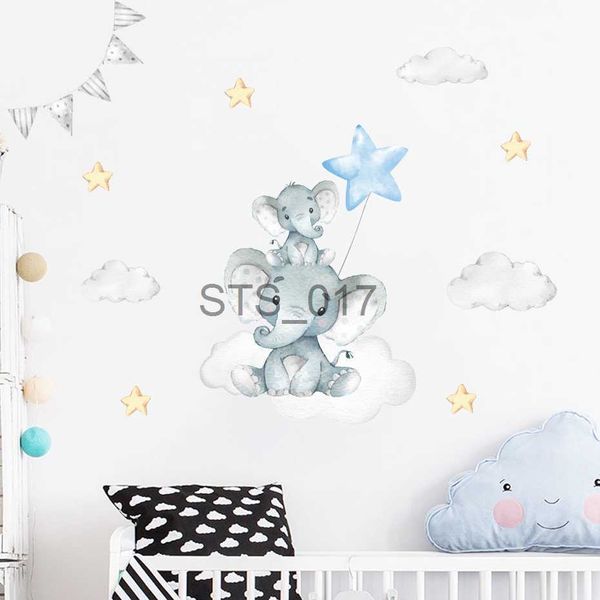 Altri adesivi decorativi Cartone animato Elefante Luna Stelle Blu Verde Adesivi murali Nursery Decalcomanie da muro rimovibili Poster d'arte Camera da letto per bambini Interni Decorazioni per la casa x0712