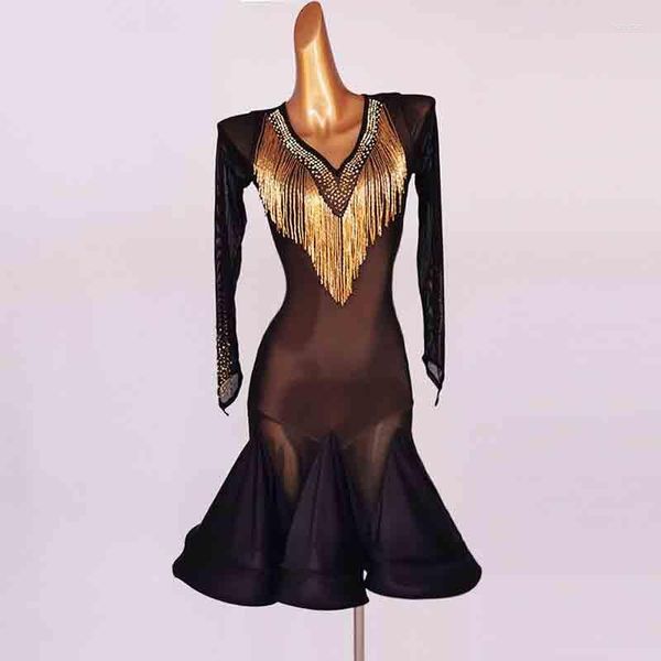 Vestimenta de Dança de Salão Vestido Traje Feminino Roupas para Prática Esportiva Vestidos 2023 Competição Latina Mulher Saia Franja Linha Tops Menina