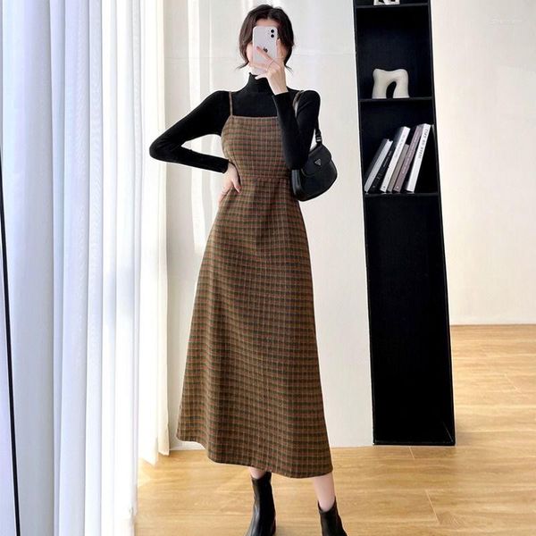 Vestidos de trabalho primavera outono vestido sem mangas moda coreana elegante chique vintage escritório feminino camisa feminina e longa q165