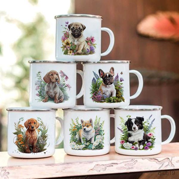 Tassen Dackel Bulldogge Border Colliegolden Retriever Bedruckte Emaille-Tasse Kreative Kaffeetasse Camping-Griffbecher Geschenke für Hundeliebhaber R230712