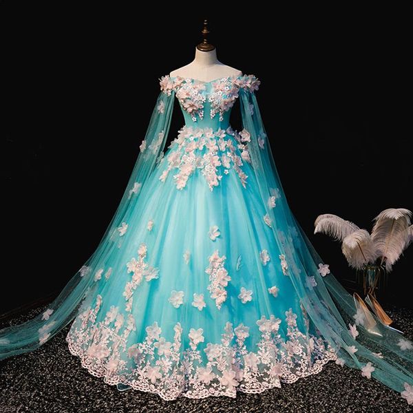 100% real céu azul rosa flores de seda bordado carnaval vestido de baile Medieval Renascimento vestido rainha vestido vitoriano Marie Antoinette264D