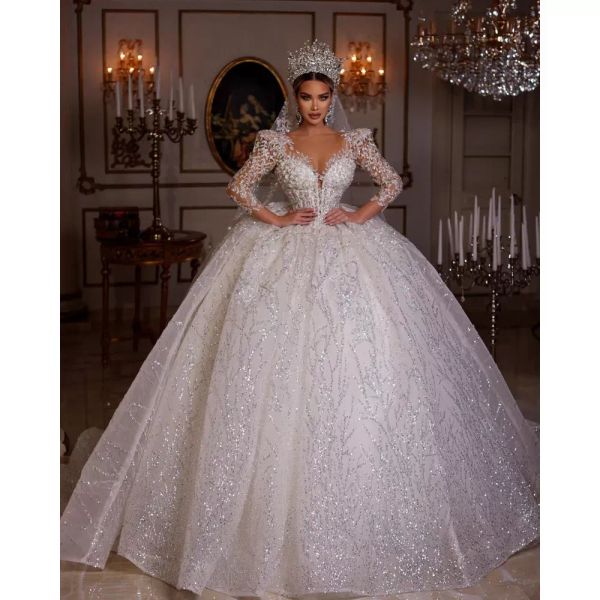 Vestido de princesa vestidos de casamento com decote em v miçangas ilusão floral manga brilhante cristal fofo saia vestidos de noiva 2023 es