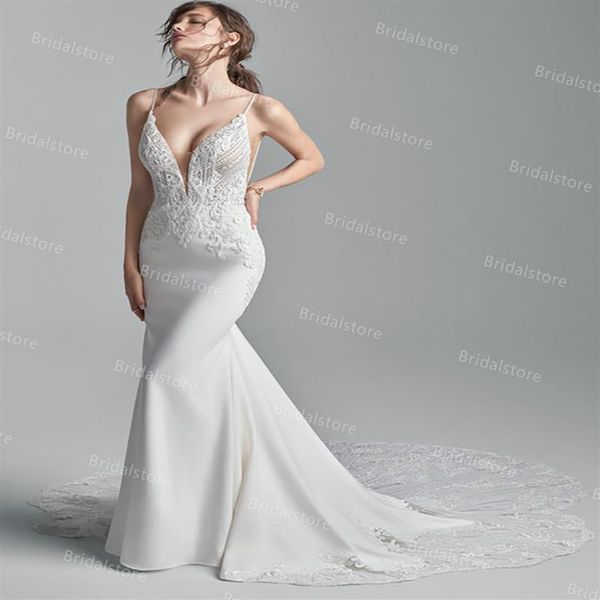 Abiti da sposa a sirena con coda di pizzo chic Abiti da sposa sexy con cinturino per spaghetti Boho Beach Abiti da sposa affascinante stile country Abiti da sposa Gonna abito d239K