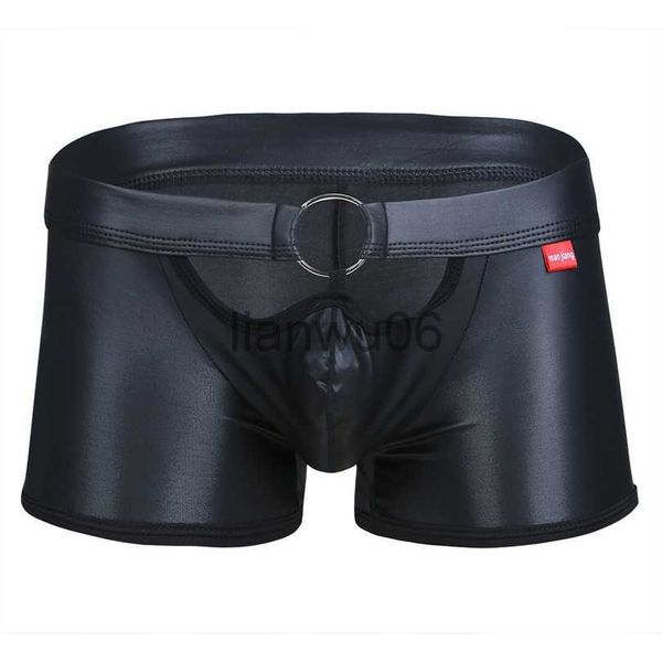 Mutande Uomo Lingerie Boxer in pelle verniciata Pantaloncini intimo Mutande con ORing Sexy Boxer maschile Intimo Uomo Boxer J230713