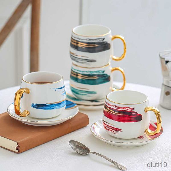 Tassen Tuschemalerei-Serie mattgoldene Kaffeetasse kreative Aquarelltinte Keramik-Teetasse-Becher mit Keramikplatte Kaffeetasse R230713