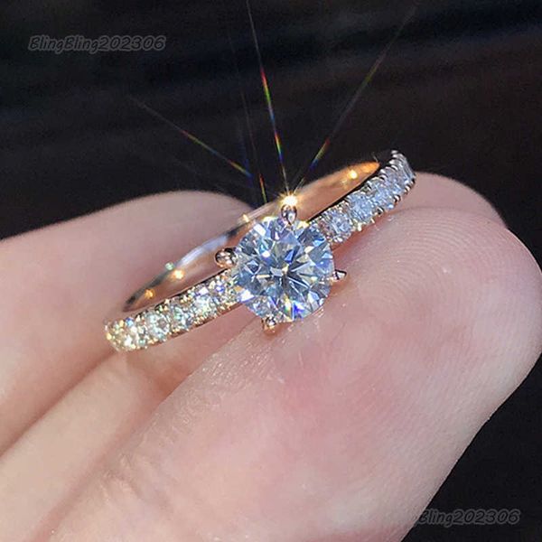 Anel Bling Bling Vvs Moissanite 100% Anel de Prata Esterlina 925 Anel de Noivado Simples Anel de Casamento Banhado a Platina Anel de Diamante