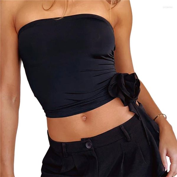 Canotte da donna Y2k Tube Top Fata Grunge Abbigliamento Anni 2000 Donna Tinta unita Senza spalline Senza maniche Ruffle Bandeau con rosetta 3D Camicie slim fit