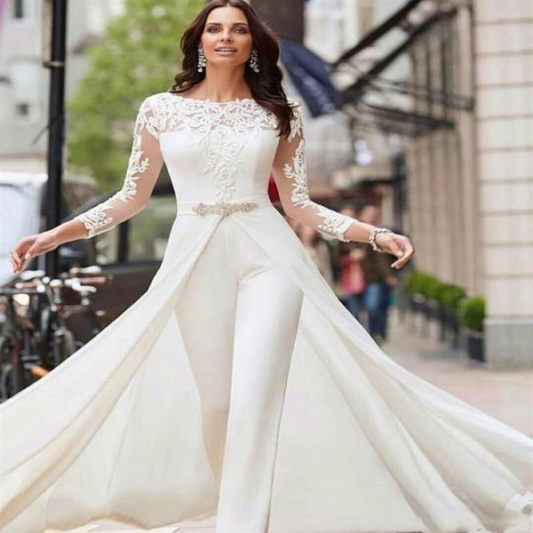 Elegante Langarmspitze 2022 Hochzeitskleider Jumpsuit Chiffon Applikat Ruched Zug Hochzeit Brautkleider Robe de Mariee3058