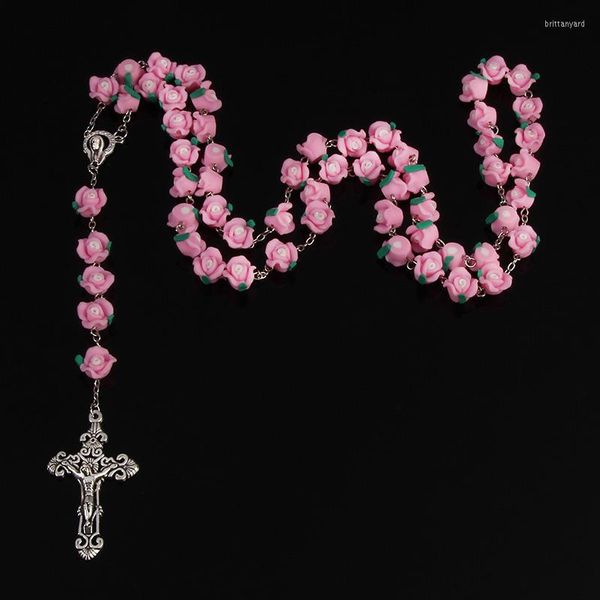 Colares com Pingente 10mm Argila Macia Rosa de Luxo Colar Rosário Bênção Cruz Maria Guadalupe Oração