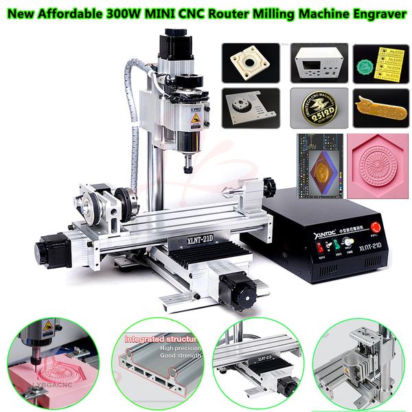 Novo mini fresadora cnc acessível 300w gravador 230x120mm usb circular ferroviário coluna transversal 4 eixos equipamento de broca gravura