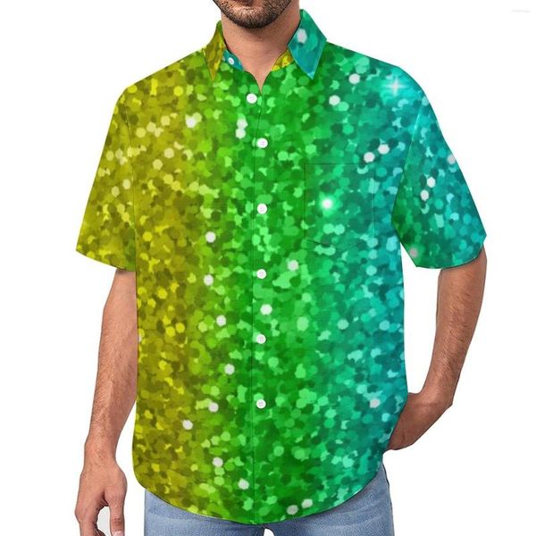 Camisas casuais masculinas Camisa solta colorida com brilho Praia masculina Brilhante Arco-íris Design havaiano Manga curta Engraçado Blusas grandes