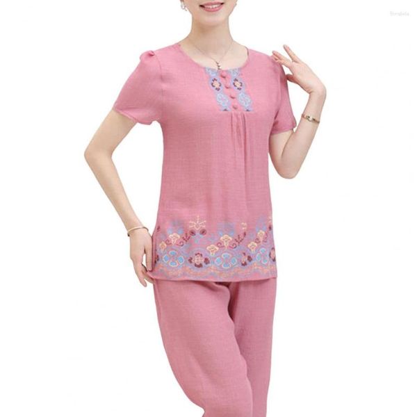 Pantaloni a due pezzi da donna 2 pezzi/set Set di t-shirt da donna Stampa Girocollo Maniche corte Gamba larga Dormire Pulsante allentato Decorazione Mamma Vestiti da notte