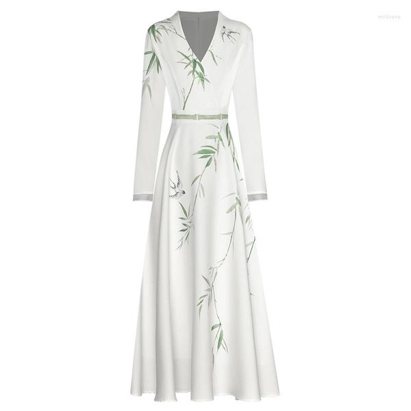 Günlük elbiseler kat v boyun uzun kolu bir çizgi bambu baskı uçan kuş bayanlar beyaz maxi elbise s - xxl