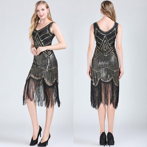 Vestidos casuais femininos vestido de festa 1920 grande Gatsby melindrosa decote em V sem mangas enfeitado com lantejoulas frisado franja vestidos