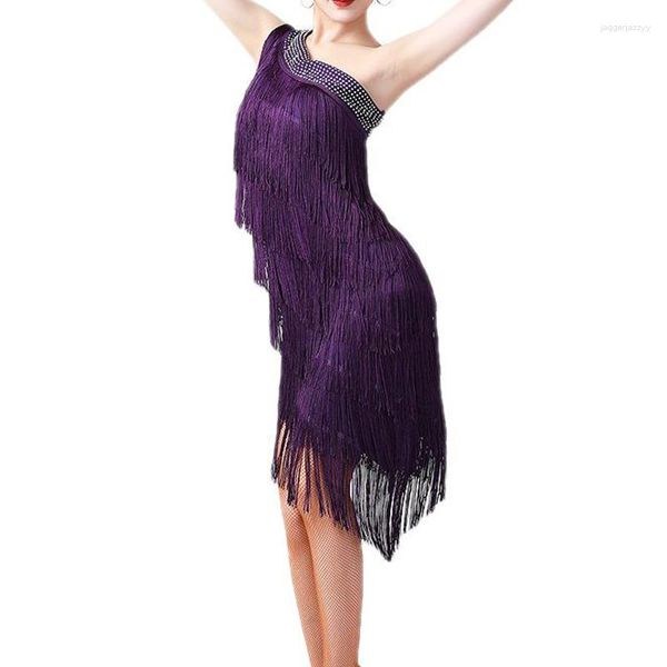 Bühne tragen Frauen Pailletten Elegante Eine Schulter Latin Dance Kleid Erwachsene Sexy Quaste Fringe Flapper Ballsaal Cocktail Kostüm