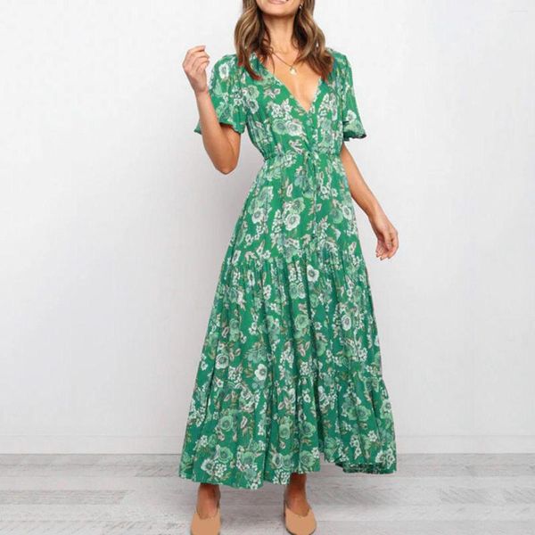 Vestidos casuais femininos elegantes com decote em V vestido longo floral 2023 verão vintage curto sem mangas cintura alta plissado férias praia vestidos