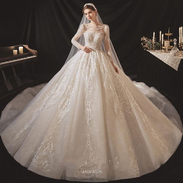 2023 Abito da sposa Abiti da sposa Sheer maniche lunghe scollo a V impreziosito pizzo ricamato principessa romantica Blush A Line Beach170L