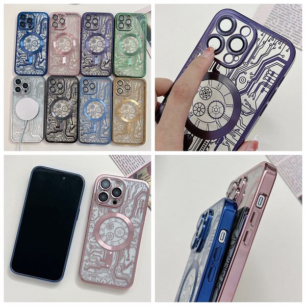 Custodie per circuiti stampati per Iphone 15 14 Pro Max Plus 13 12 11 Ricarica wireless magnetica Bling Placcatura TPU di lusso Cromato Elettrolitico Metallico Lente CD Skin