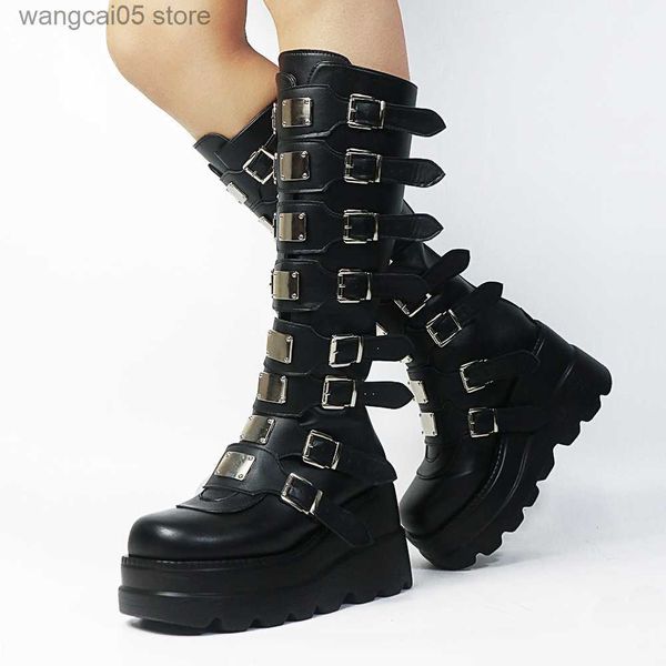Stivali Goth Punk Brand Platform Zeppe alte stivali alti al ginocchio da donna fibbia zip cosplay nero bianco stivali sopra il ginocchio scarpe donna T230713