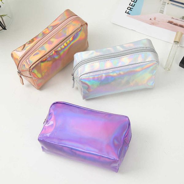 Lady Cosmetic Bags Estojos Fashion Laser Pu Cosmetic Bag Portable Colored Square Large Capacity Hand Wash Storage 230704