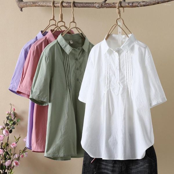 Camicette da donna Taglie forti Top Camicia oversize Donna Estate Stile giapponese Bianco Viola Rosa Abbigliamento in cotone solido Corea Elegante