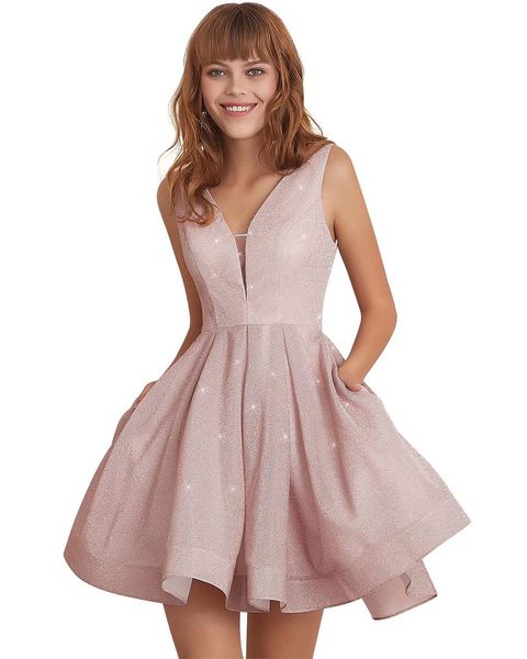 Vestidos curtos de boas-vindas decote em V profundo com miçangas e bolsos com cadarço vestidos de festa evasê princesa tamanho grande mini baile de formatura vestidos de festa coquetel 68