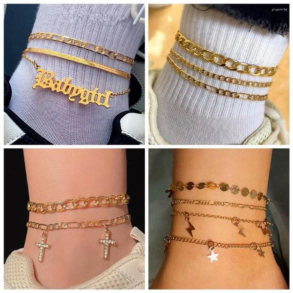 Tornozeleiras Boho Gold Color Babygirl Letter Metal Chain Bracelet For Women Multilayer Cross Pendant Tornozeleira Summer Beach Foot Jewelry