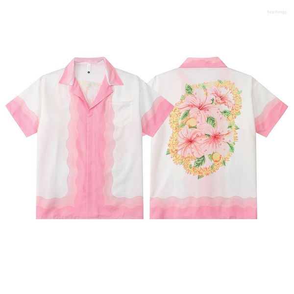 Camisas Casuais Masculinas Camisa Casablanca Gradiente Rosa Oversized Verão Homens Mulheres Manga Curta T-shirt Estampada Estilo Praia Havaiano CASA