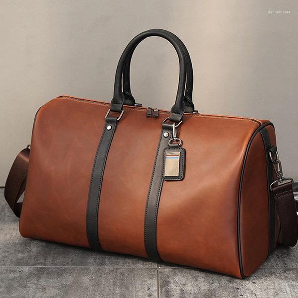 Bolsas Duffel 2023 Bolsa de Viagem Masculina Crazy Horse Bolsa de Couro Grande Capacidade Bagagem de Mão Vintage Laptop Multifuncional Esportes