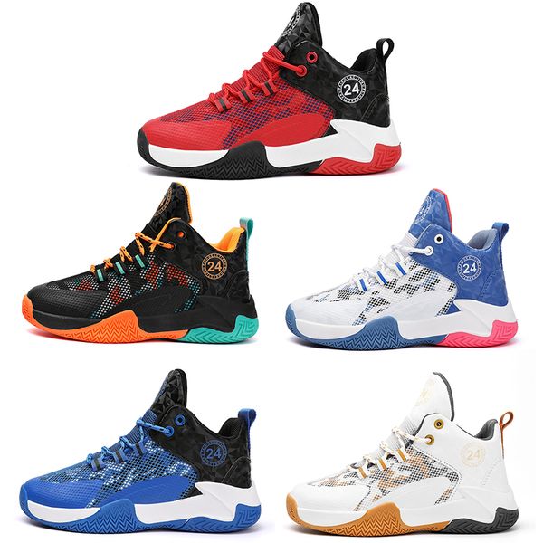 2023 Kinder-Basketballschuhe, Jungen und Mädchen, atmungsaktives Mesh, weiß, blau, schwarz, orange, rot, golden, Trainer, Outdoor-Sportarten, jung