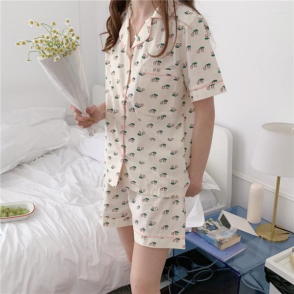 Женская одежда для сна, сладкая вишня, летняя пижама, набор женщин одинокие грудь рубашки шорты хлопковые корейская домашняя одежда