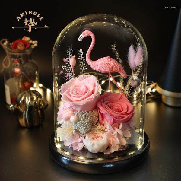Flores decorativas Flores secas Tampa de vidro Caixa de presente Decoração Buquê de rosas Amante de flamingo Natal Aniversário Casa